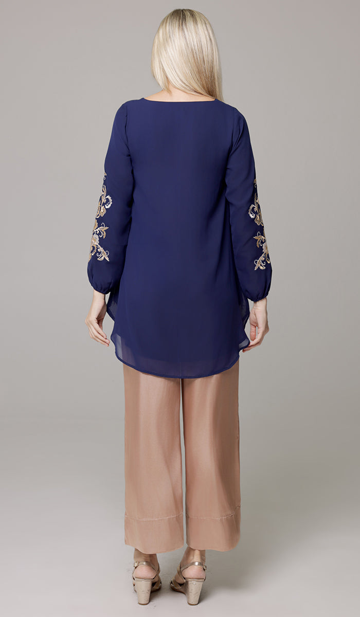 Huma Embroidered Long Modest Tunic - Navy/Gold/Silver