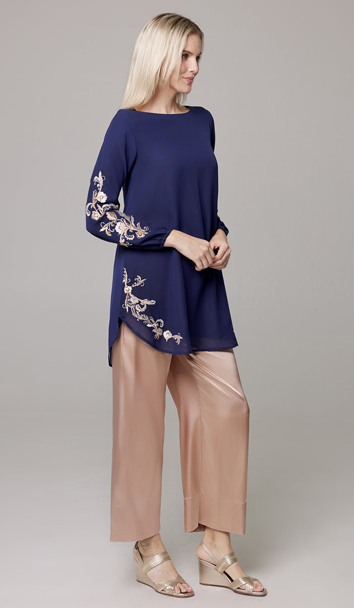 Huma Embroidered Long Modest Tunic - Navy/Gold/Silver