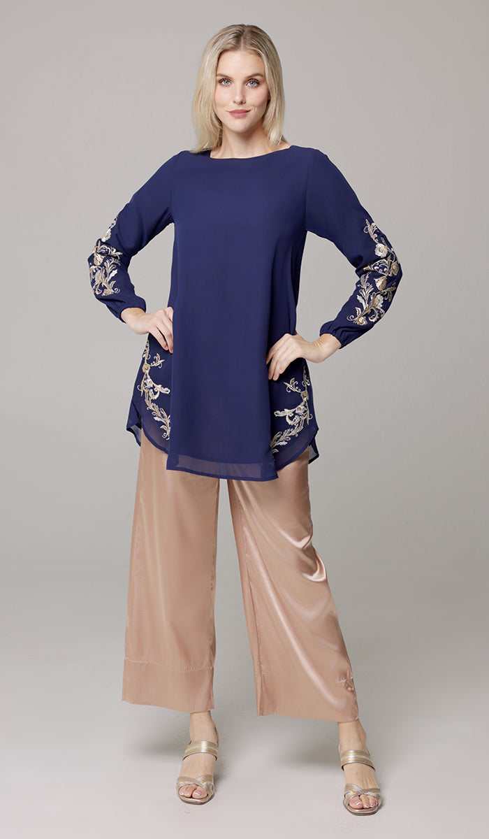 Huma Embroidered Long Modest Tunic - Navy/Gold/Silver