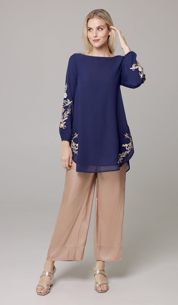 Huma Embroidered Long Modest Tunic - Navy/Gold/Silver