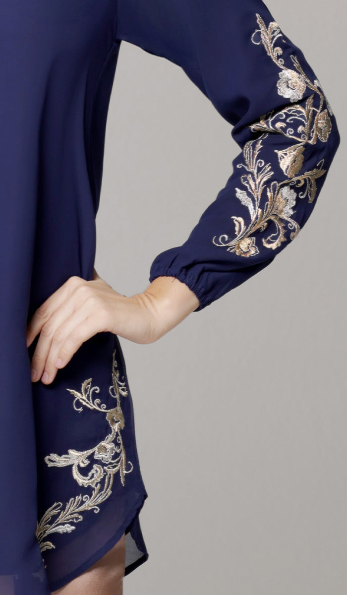 Huma Embroidered Long Modest Tunic - Navy/Gold/Silver