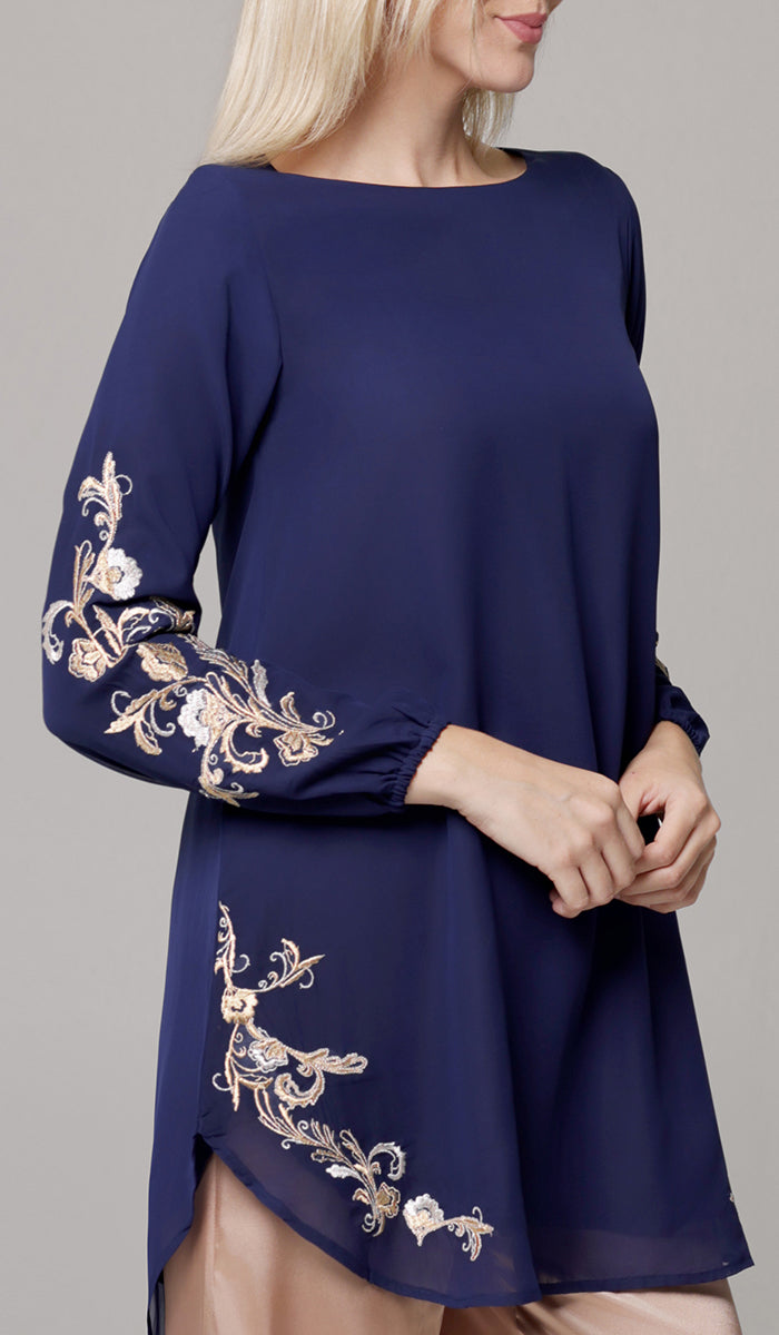 Huma Embroidered Long Modest Tunic - Navy/Gold/Silver