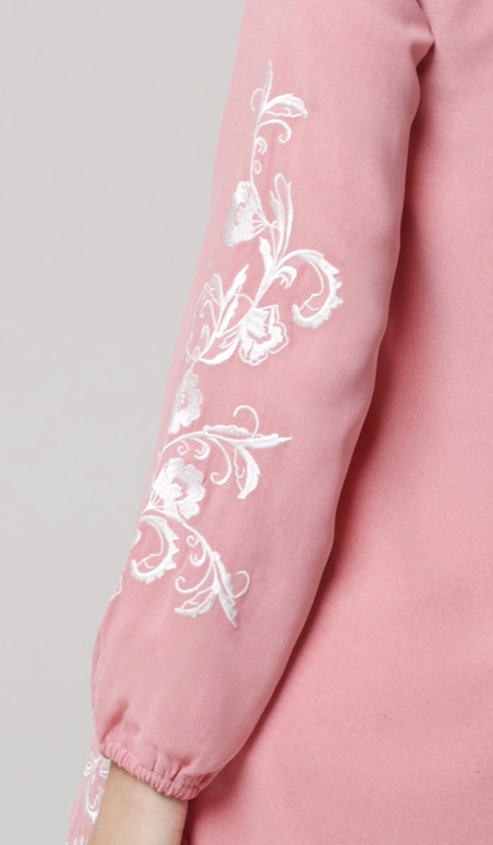 Huma Embroidered Long Modest Tunic - Candy/Cream