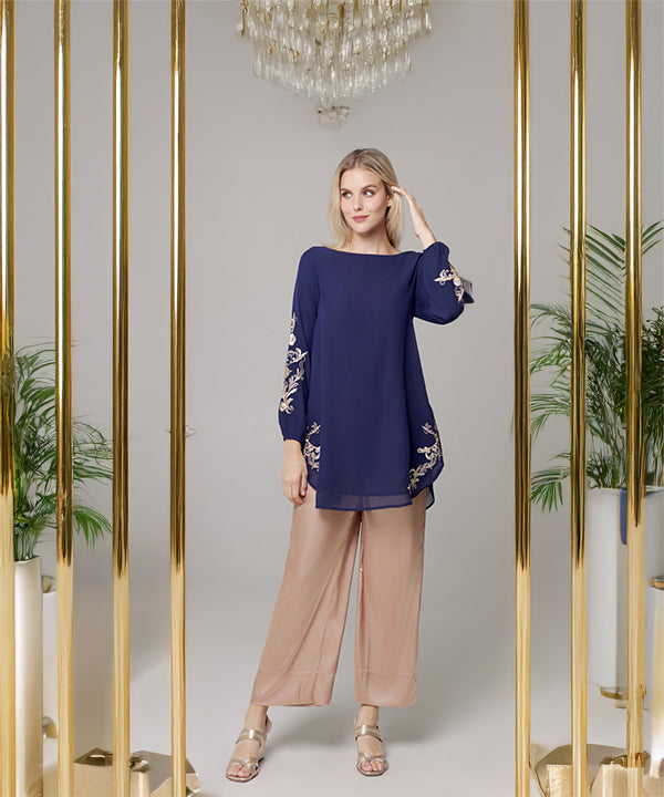 Huma Embroidered Long Modest Tunic - Navy/Gold/Silver