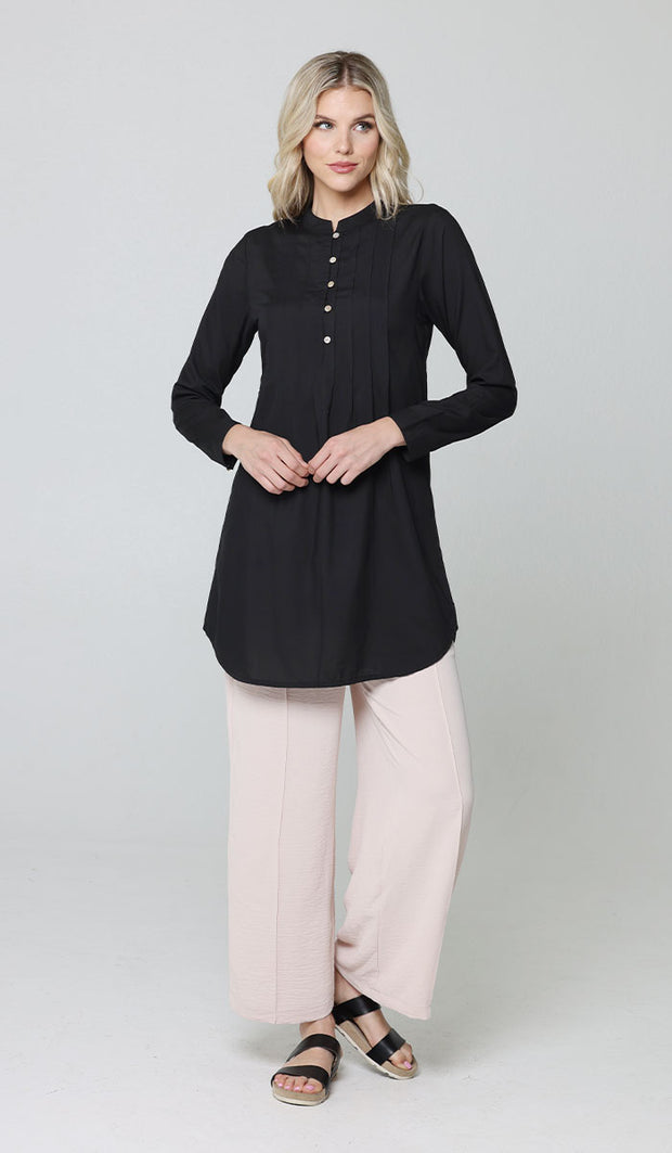 Hurin Pleated Mostly Cotton Button Down Tunic Dress - Black