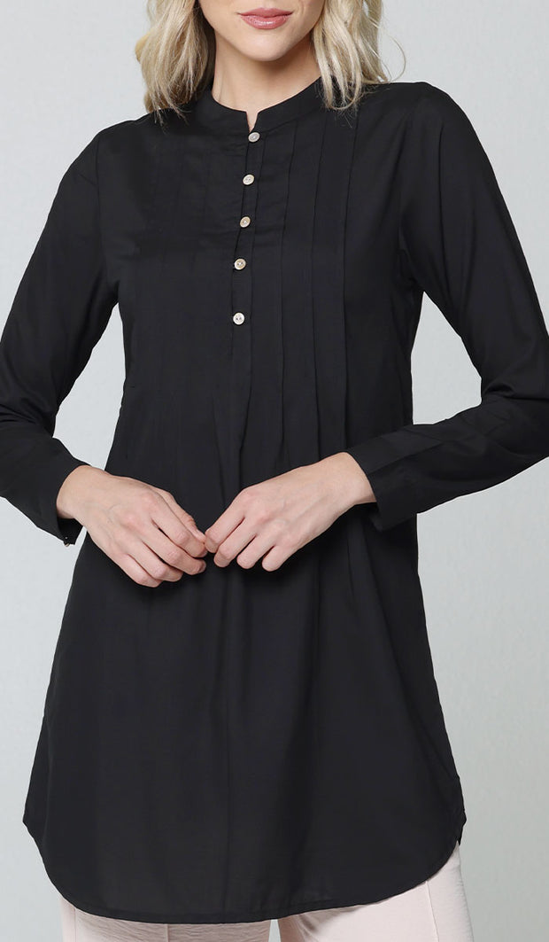 Hurin Pleated Mostly Cotton Button Down Tunic Dress - Black