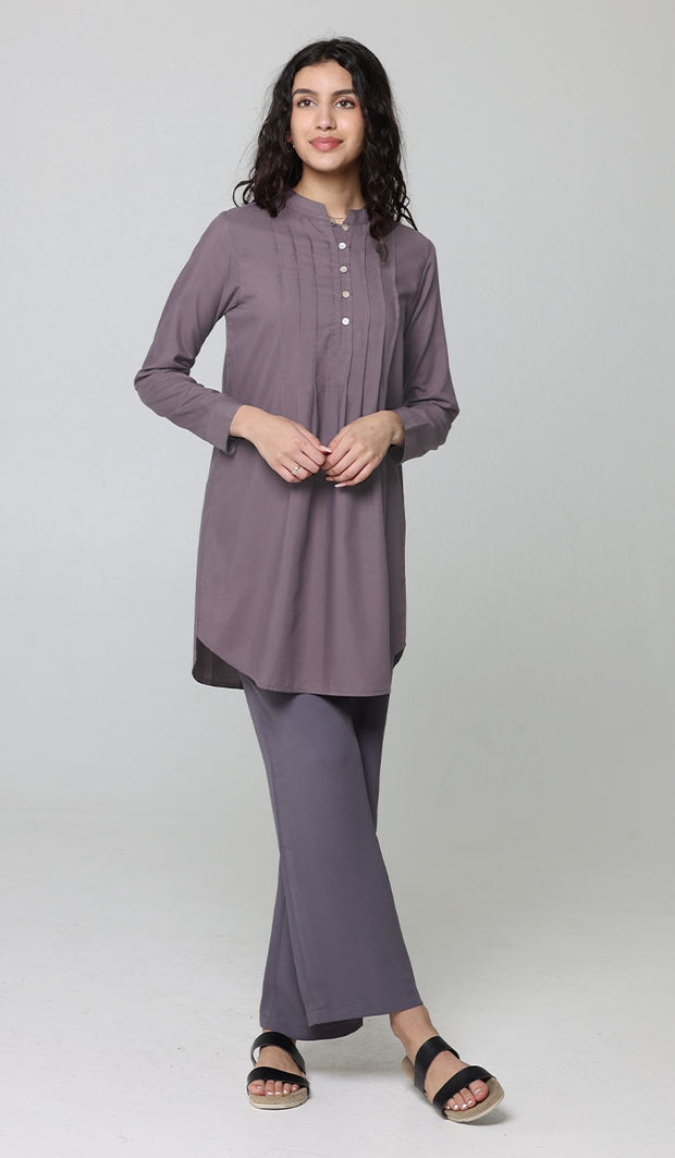 Hurin Pleated Mostly Cotton Button Down Tunic Dress - Dusty Violet