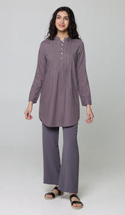 Hurin Pleated Mostly Cotton Button Down Tunic Dress - Dusty Violet