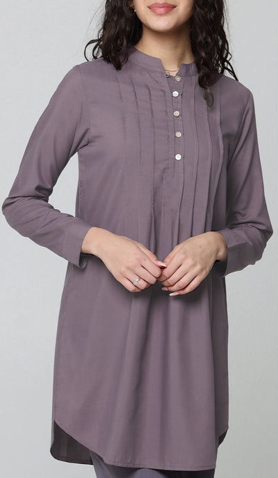 Hurin Pleated Mostly Cotton Button Down Tunic Dress - Dusty Violet
