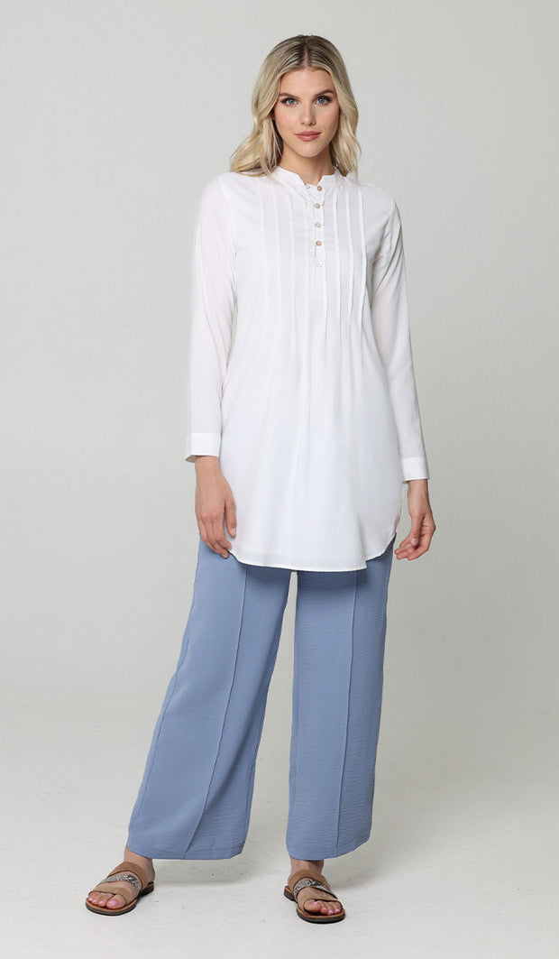 Hurin Pleated Mostly Cotton Button Down Tunic Dress - Off White - PREORDER (ships in 2 weeks)