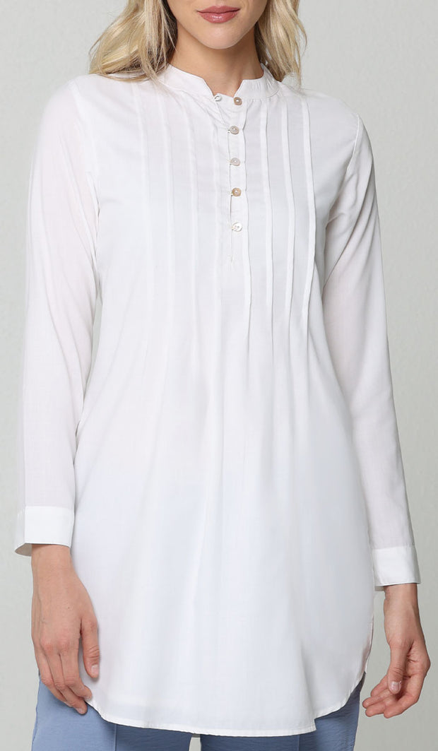 Hurin Pleated Mostly Cotton Button Down Tunic Dress - Off White - PREORDER (ships in 2 weeks)