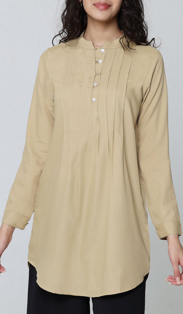 Hurin Pleated Mostly Cotton Button Down Tunic Dress - Sand