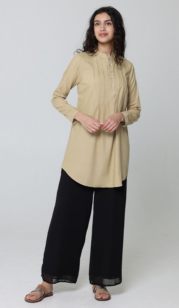 Hurin Pleated Mostly Cotton Button Down Tunic Dress - Sand