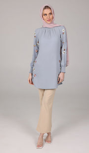 Iman Embroidered Formal Long Modest Tunic - Silver Mist