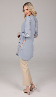 Iman Embroidered Formal Long Modest Tunic - Silver Mist