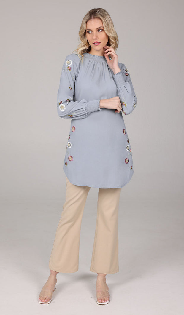 Iman Embroidered Formal Long Modest Tunic - Silver Mist