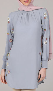 Iman Embroidered Formal Long Modest Tunic - Silver Mist