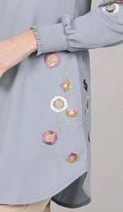 Iman Embroidered Formal Long Modest Tunic - Silver Mist