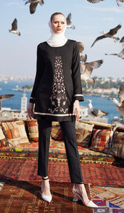 Isabel Floral Embroidered Long Tunic - Black
