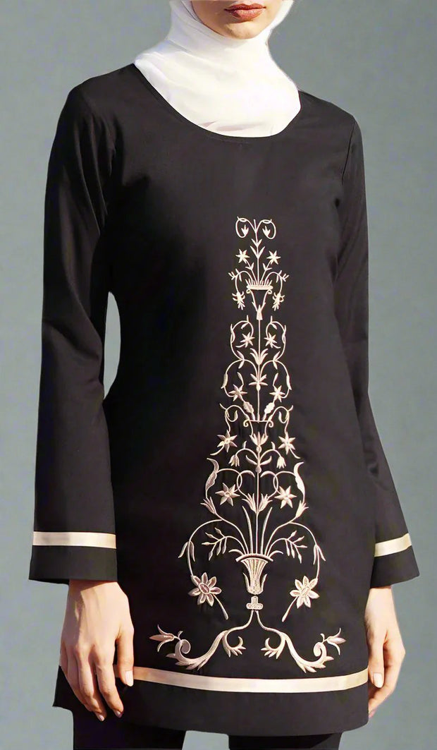 Isabel Floral Embroidered Long Tunic - Black