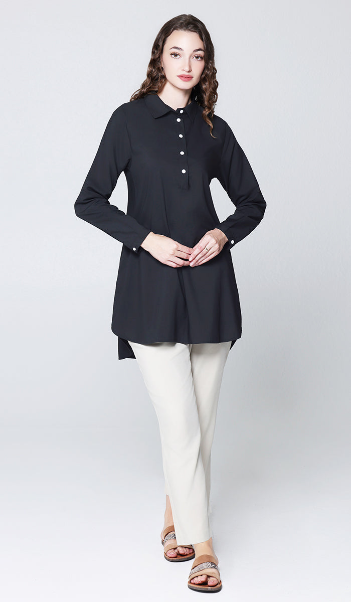 Isra Cotton Feel Modest Button down Tunic - Black - PREORDER (ships in 2 weeks)