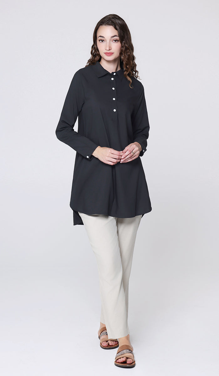Isra Cotton Feel Modest Button down Tunic - Black - PREORDER (ships in 2 weeks)