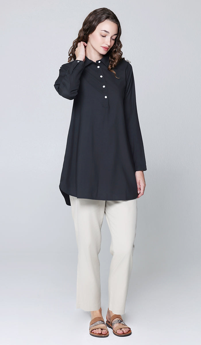 Isra Cotton Feel Modest Button down Tunic - Black - PREORDER (ships in 2 weeks)