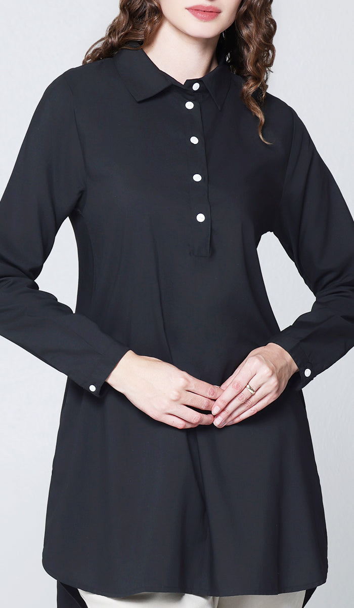 Isra Cotton Feel Modest Button down Tunic - Black - PREORDER (ships in 2 weeks)