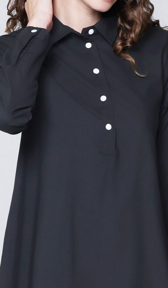Isra Cotton Feel Modest Button down Tunic - Black - PREORDER (ships in 2 weeks)