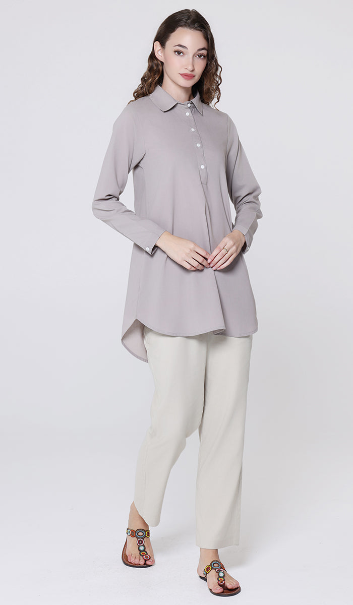 Isra Cotton Feel Modest Button down Tunic - Taupe