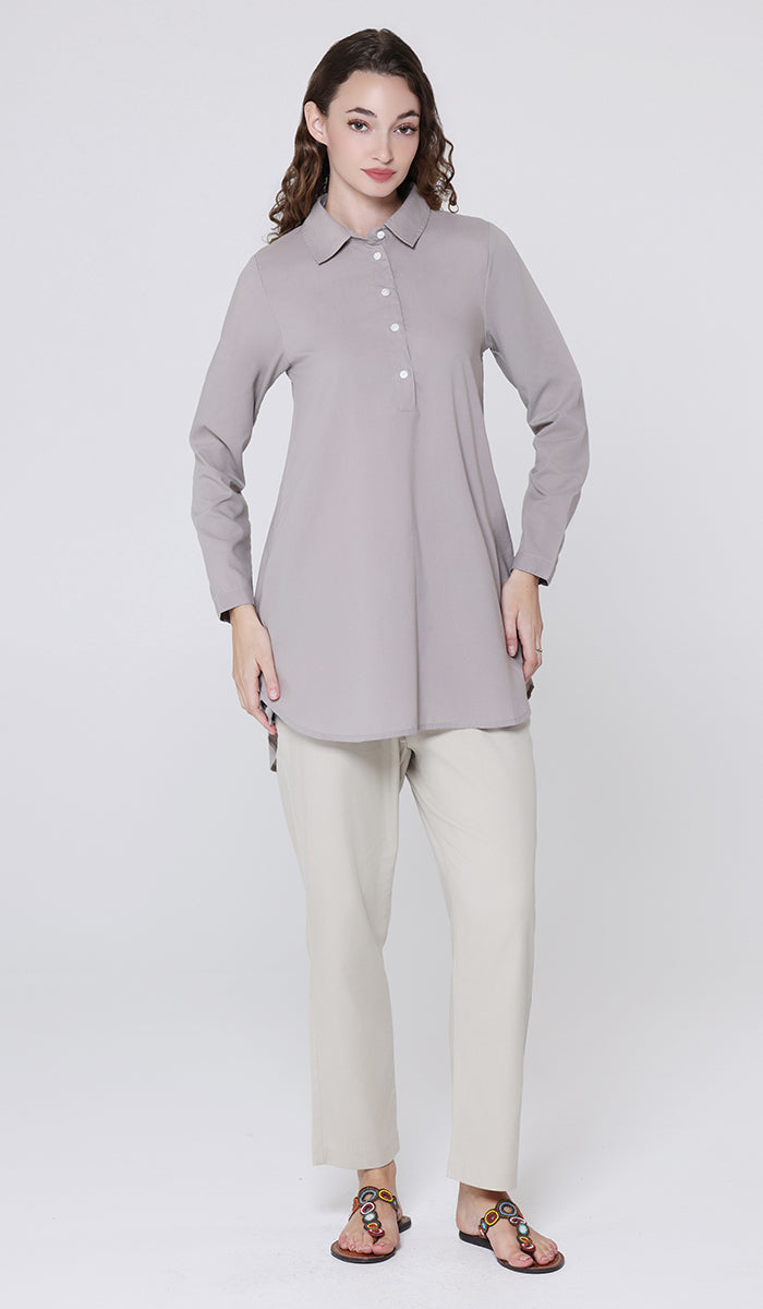 Isra Cotton Feel Modest Button down Tunic - Taupe