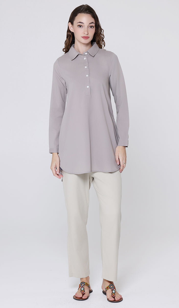 Isra Cotton Feel Modest Button down Tunic - Taupe