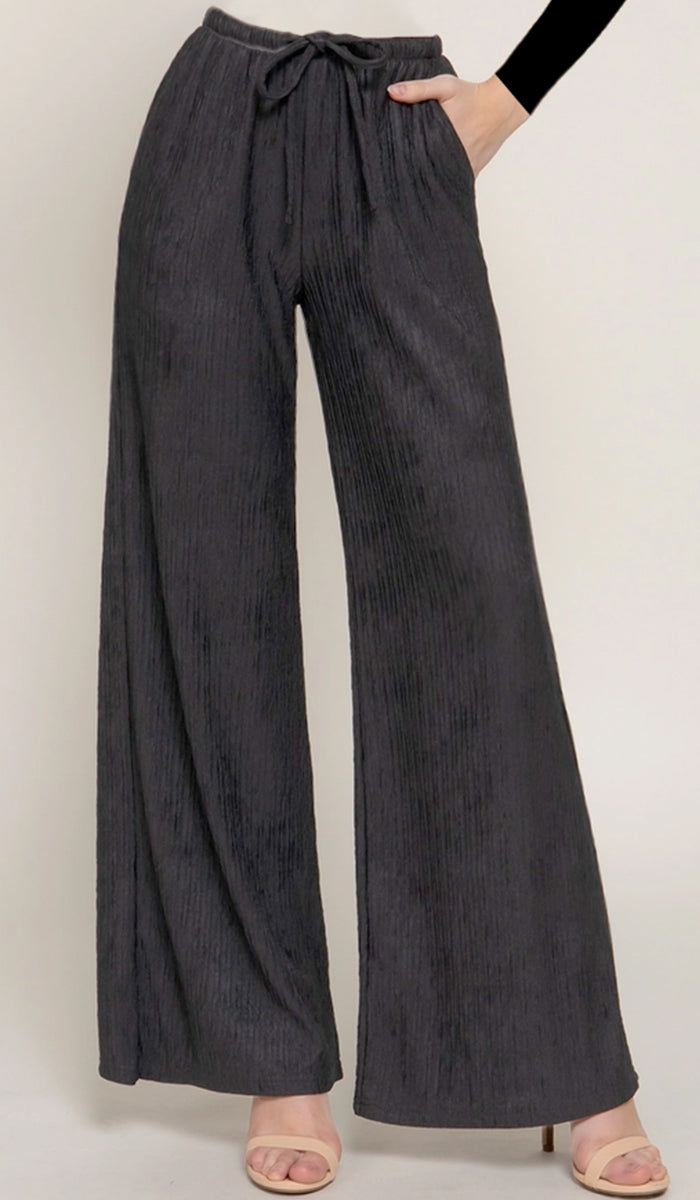 Jenan Crinkle Knit Stretch Dressy Wide Leg Pants - Black