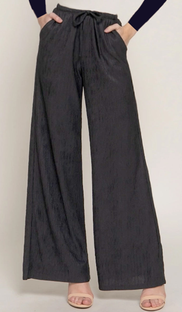 Jenan Crinkle Knit Stretch Dressy Wide Leg Pants - Black