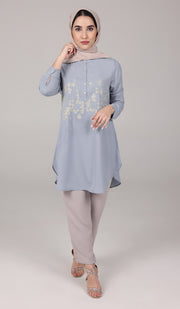 Kamila Gold Embroidered Long Modest Tunic - Powder Blue