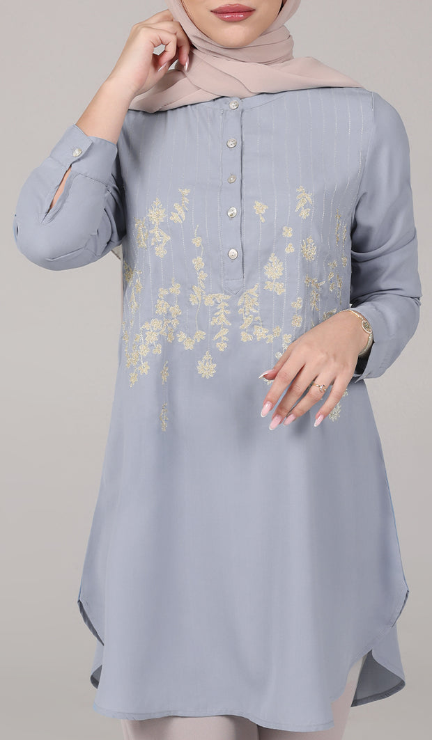 Kamila Gold Embroidered Long Modest Tunic - Powder Blue