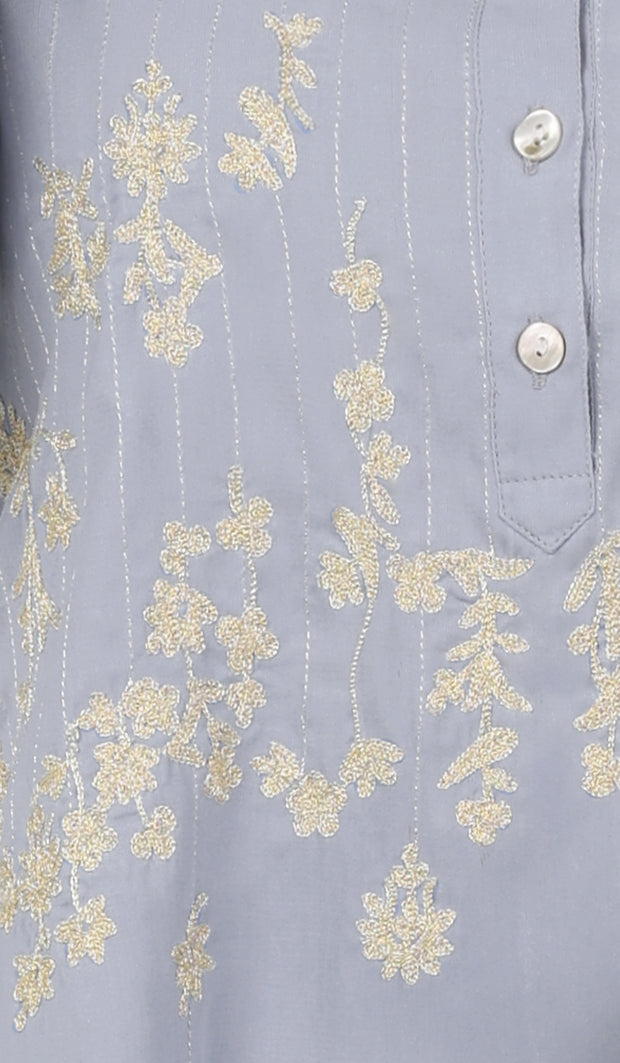 Kamila Gold Embroidered Long Modest Tunic - Powder Blue