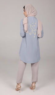 Kamila Gold Embroidered Long Modest Tunic - Powder Blue
