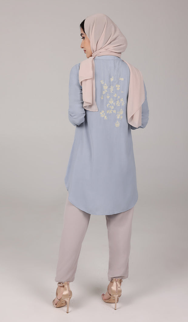 Kamila Gold Embroidered Long Modest Tunic - Powder Blue
