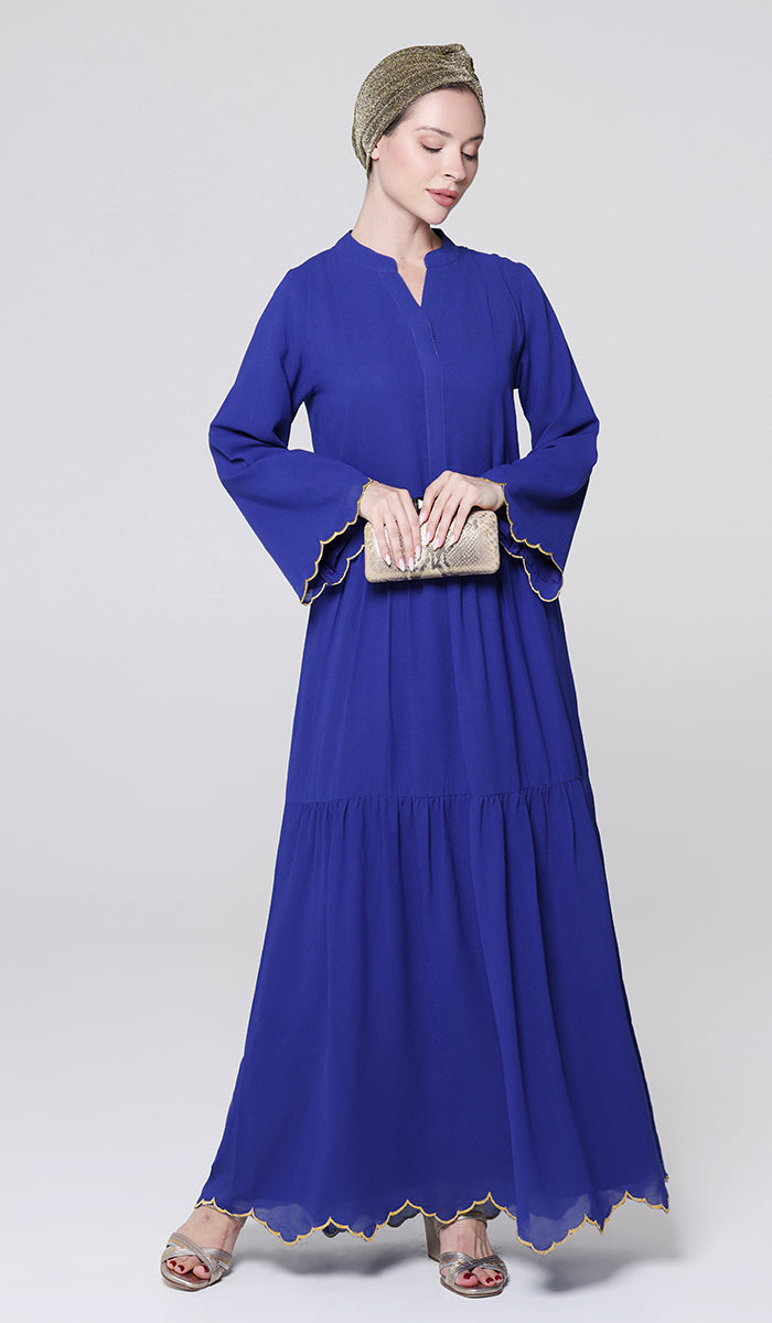 Kiran Royal Blue and Gold Embroidered Formal Modest Long Maxi Dress | Modest Muslim Dresses
