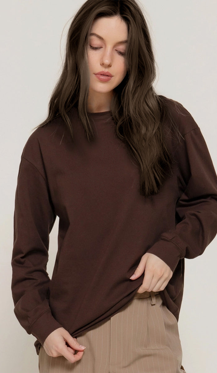 Lina Soft Cotton Everyday Long Sleeve T Shirt - Cocoa