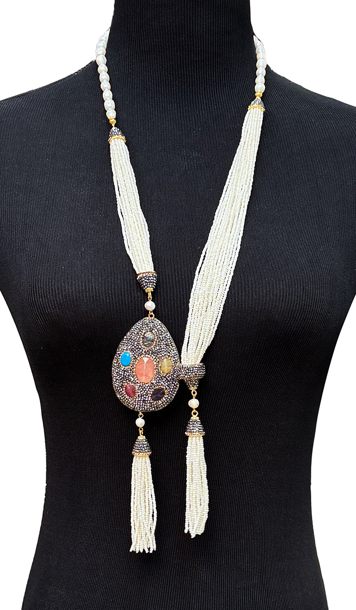 Long Turkish Artisan Tassel Necklace - Pearl & Multi /Sunstone Center