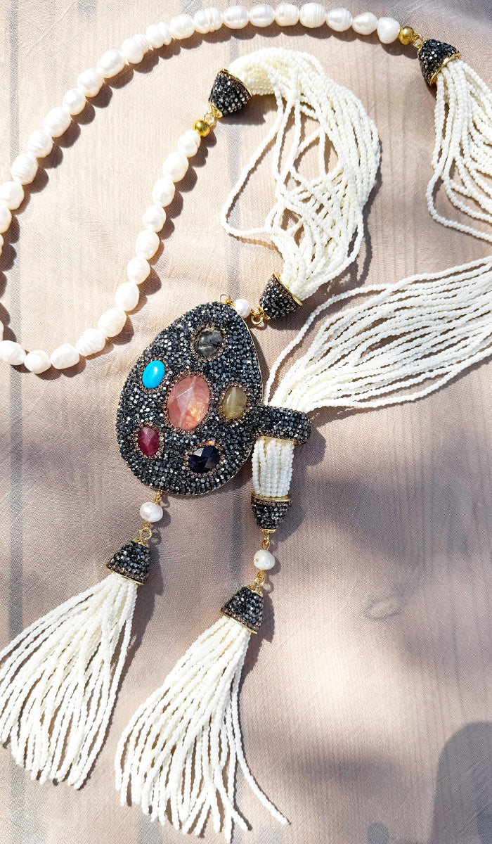Long Turkish Artisan Tassel Necklace - Pearl & Multi /Sunstone Center