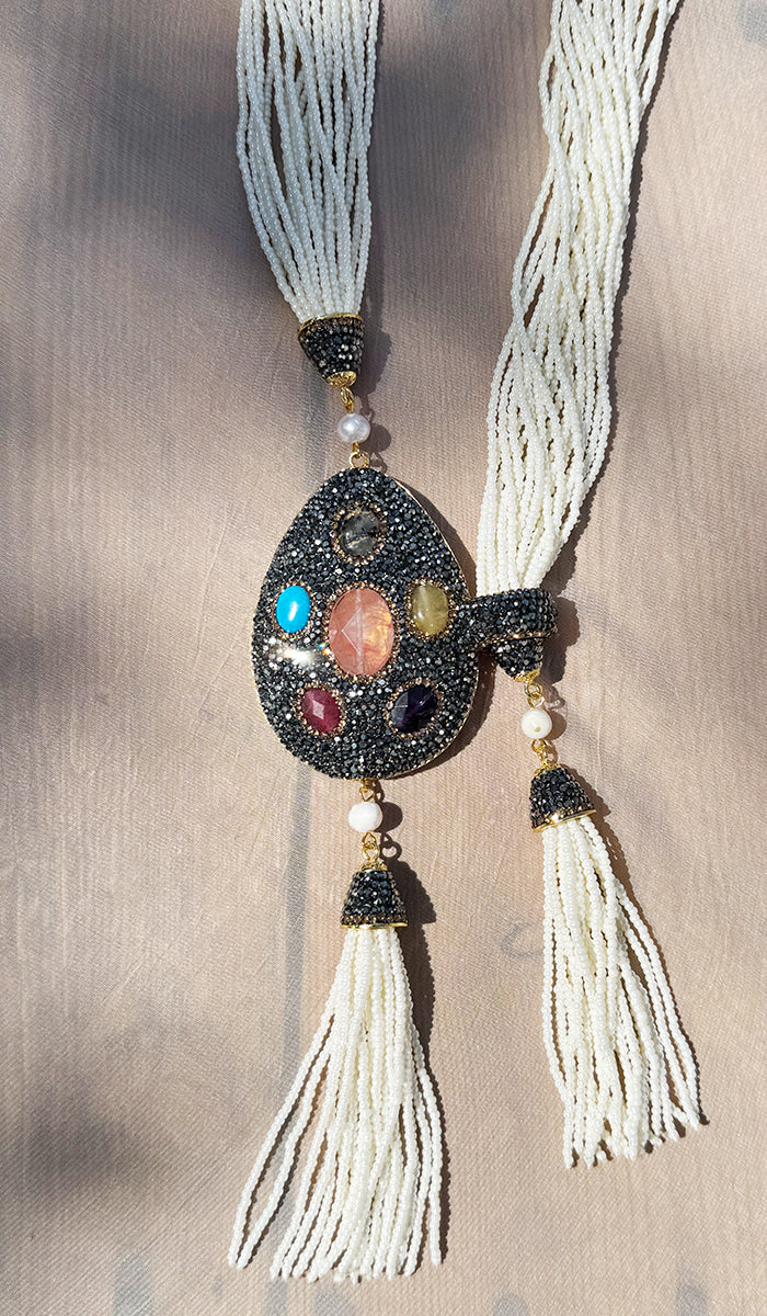 Long Turkish Artisan Tassel Necklace - Pearl & Multi /Sunstone Center