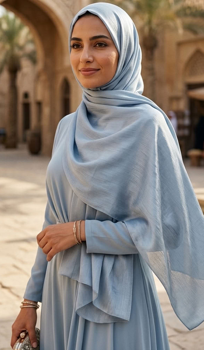Lumiere Satin Crinkle Wrap Hijab - Steel Blue