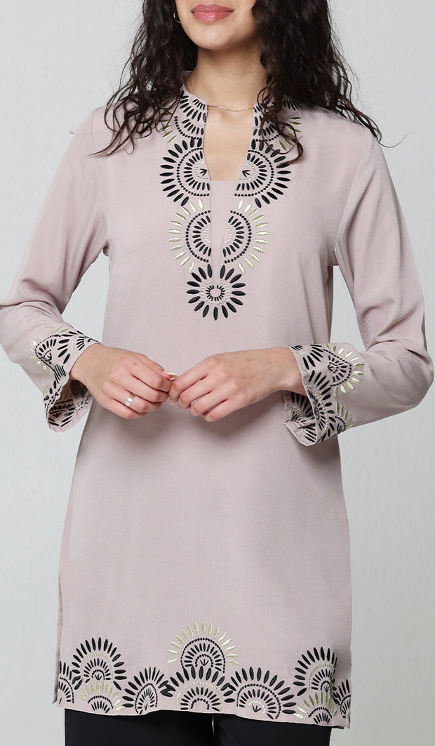 Maha Gold  Embellished Long Modest Tunic - Blush