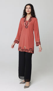 Maha Gold  Embellished Long Modest Tunic - Clay