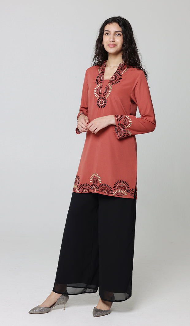 Maha Gold  Embellished Long Modest Tunic - Clay