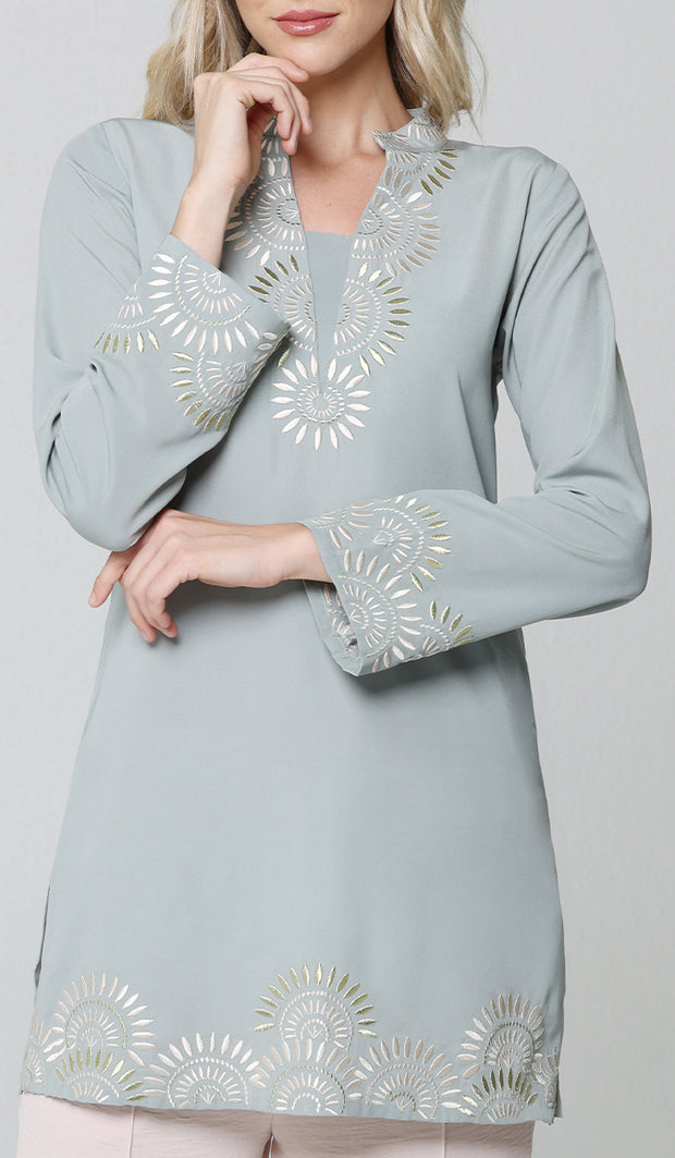 Maha Gold  Embellished Long Modest Tunic - Sage