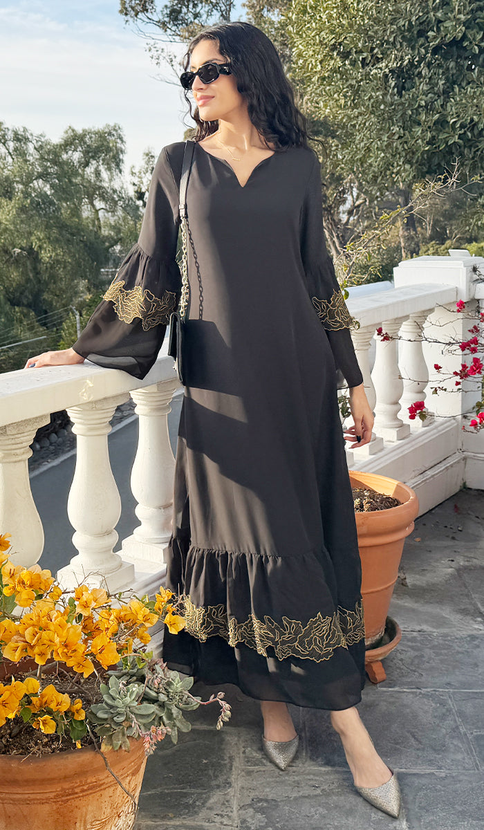 Mahin Black and Gold Embroidered Chiffon Modest Long Maxi Dress | Modest Muslim Dresses | Artizara USA 16 (XXXL)/48 In.(122 Cm)Garment Chest Mahin Black and Gold Embroidered Chiffon Modest Long Maxi Dress | Modest Muslim Dresses | Artizara USA 16 (XXXL)/48 In.(122 Cm)Garment Chest